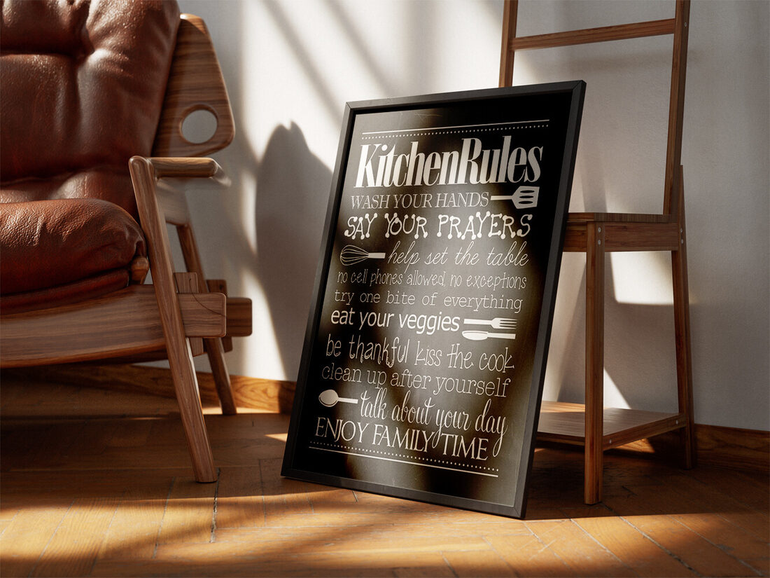 Chalkboard style print listing 'Kitchen Rules' in white text with culinary icons like whisk, fork, and spoon on a dark gray background.