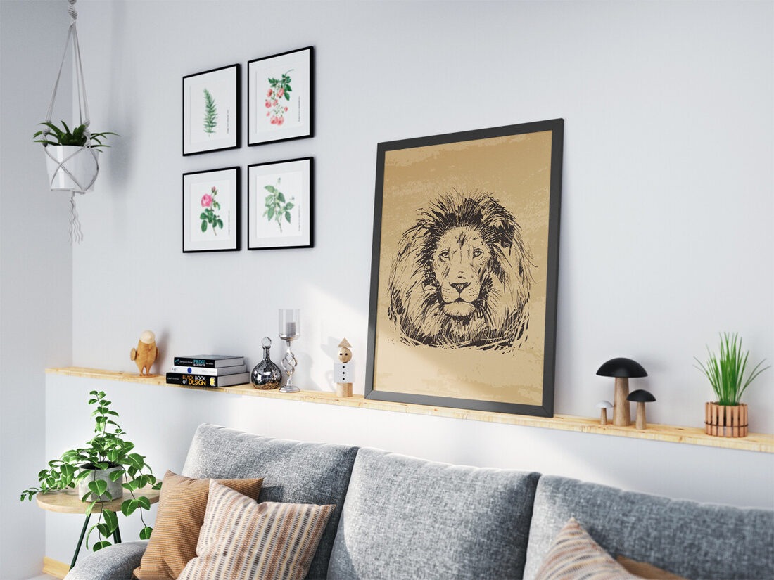 Detailed sepia-toned sketch of a majestic lion's head with a flowing mane on a textured, vintage background.