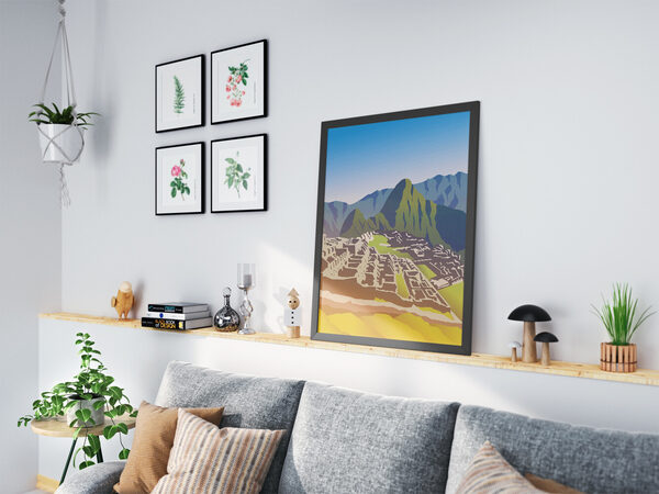 Minimalist vector illustration of Machu Picchu citadel and surrounding Andes mountains under a blue-to-lavender sky.