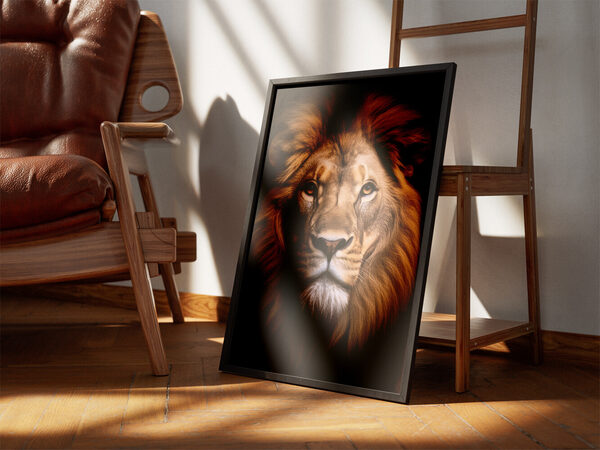 Close-up, hyperrealistic portrait of a male lion's face with a rich brown and golden mane and intense amber eyes.