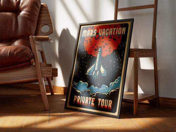 Retro space travel poster with a blue and white space shuttle ascending towards a red, cratered Mars in a starry sky. Text reads 'Mars Vacation Privat