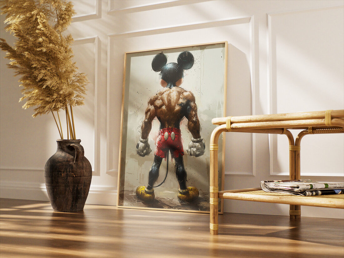 Digital painting of a muscular, gritty Mickey Mouse-like figure from behind, wearing red shorts and yellow shoes.
