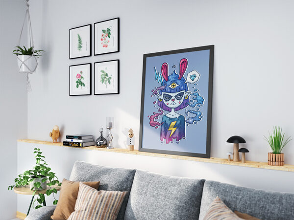 Digital illustration of a grumpy blue-haired character with pink bunny ears, a third eye, and lightning bolts.