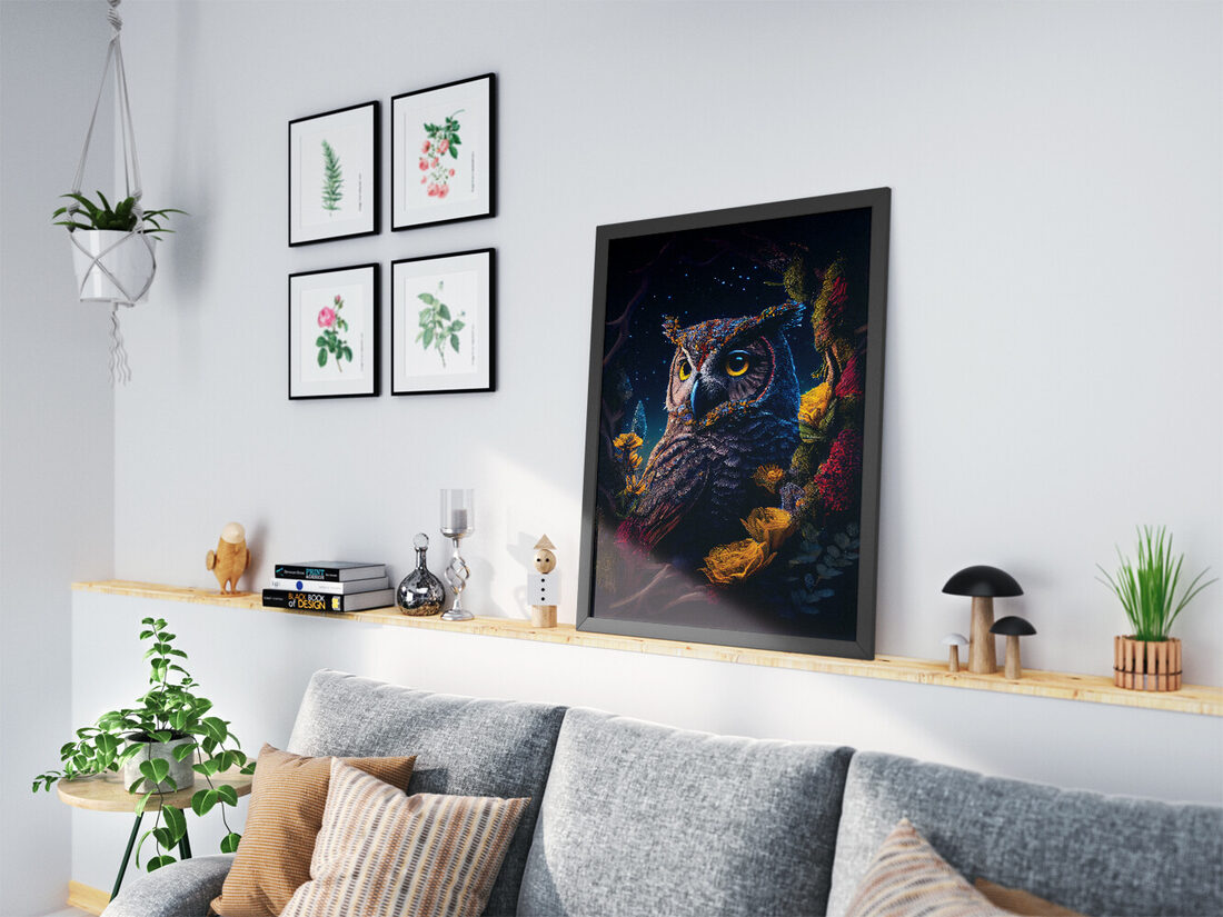 Highly textured digital painting of a majestic owl with bright yellow eyes, framed by vibrant red and yellow flowers against a dark, starry night sky.
