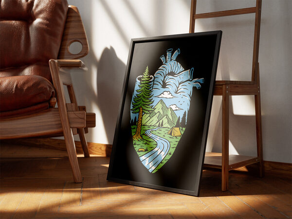Illustration of an anatomical heart filled with a serene mountain landscape, winding river, pine trees, and a camping tent.