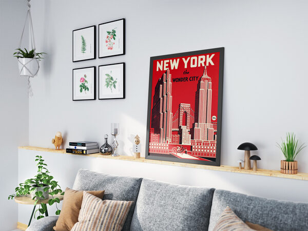 Art Deco tarzında, beyaz gökdelenleri, köprüsü ve 'NEW YORK the WONDER CITY' yazısıyla New York şehir silüetini gösteren kırmızı bir poster.
