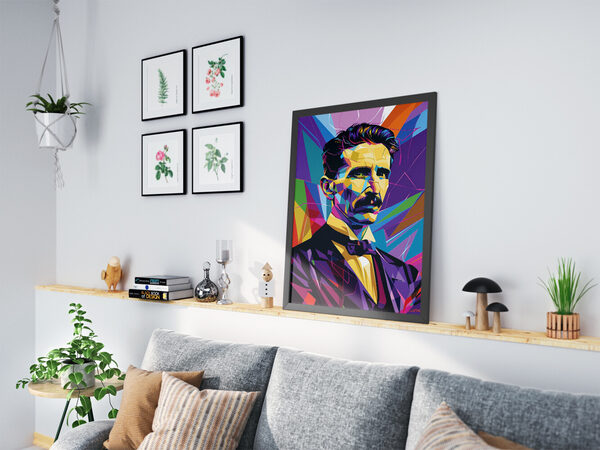 Vibrant geometric pop art portrait of Nikola Tesla with a mustache, composed of colorful, sharp-edged polygons.