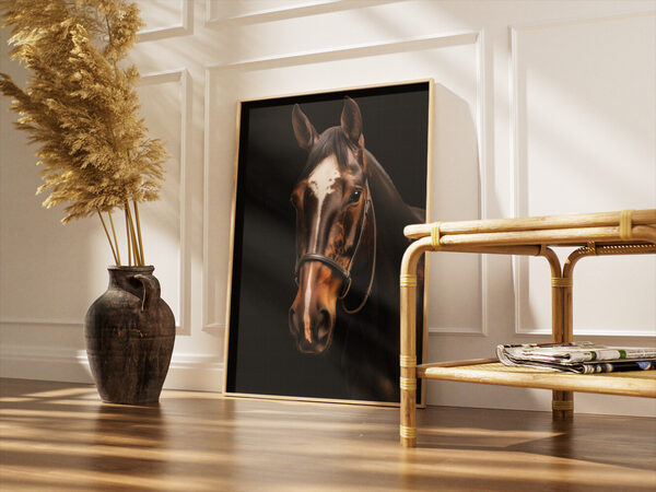 Close-up portrait of a majestic bay horse with a white blaze and bridle against a dramatic black background.