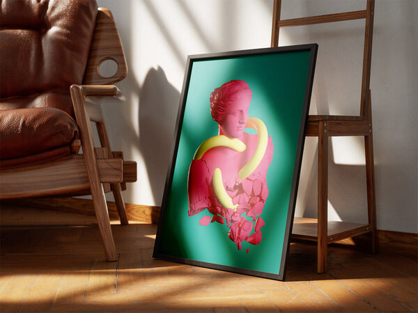 Vibrant pink classical bust sculpture, deconstructed and crumbling, with a bright yellow tube wrapped around it, against a teal background.