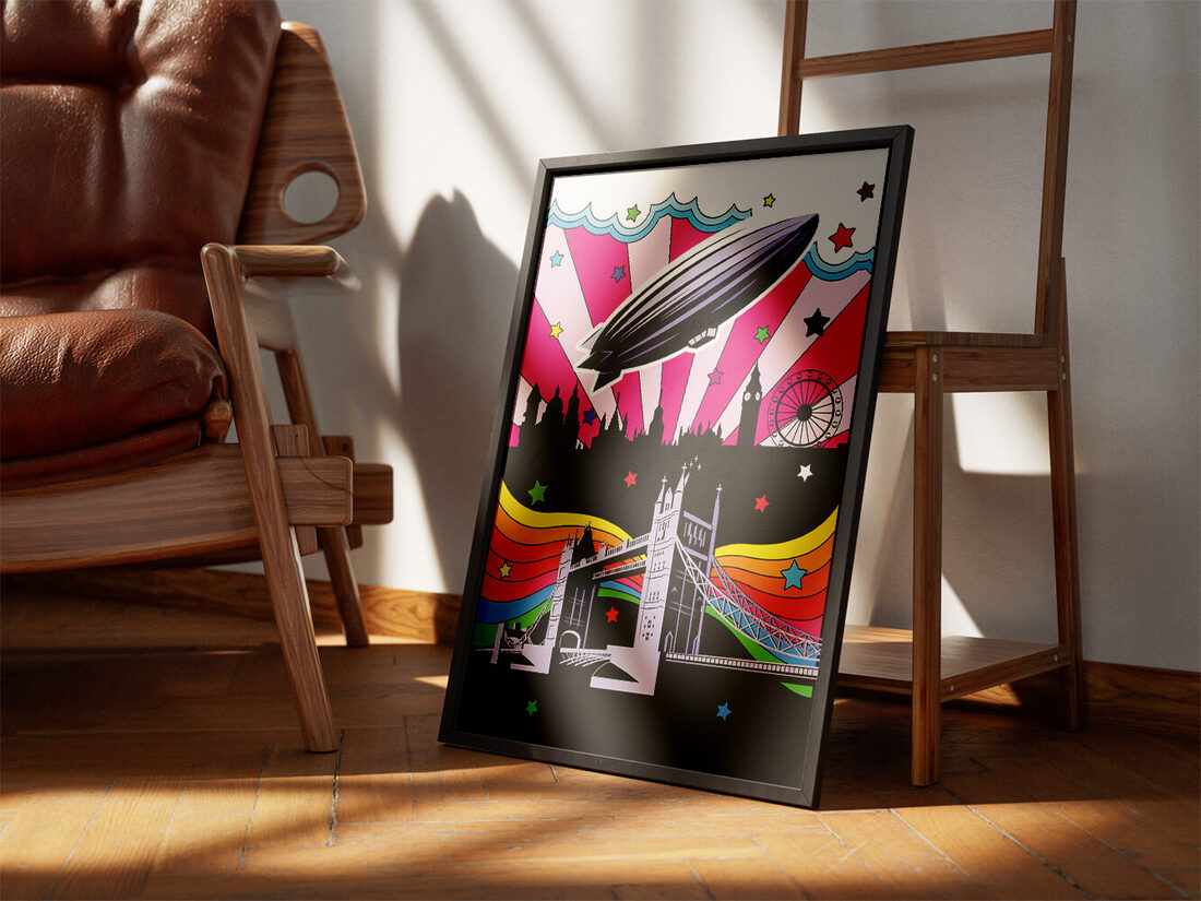 Vibrant Pop Art illustration of a purple zeppelin flying over a black London skyline and Tower Bridge with a rainbow.