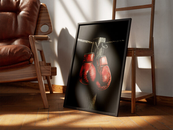 Highly detailed drawing of a pair of vibrant red boxing gloves hanging from a weathered wooden post and ring ropes.