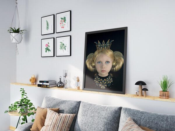 Portrait of a young blonde girl wearing an ornate gold and teal crown, matching headphones, and a detailed necklace.