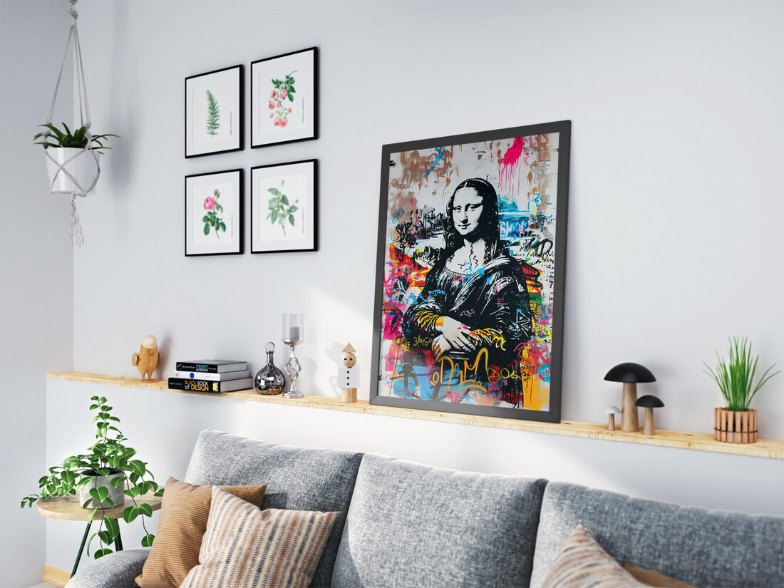 Black and white Mona Lisa stencil on a background of colorful, layered graffiti with pink, blue, yellow, and orange spray paint.