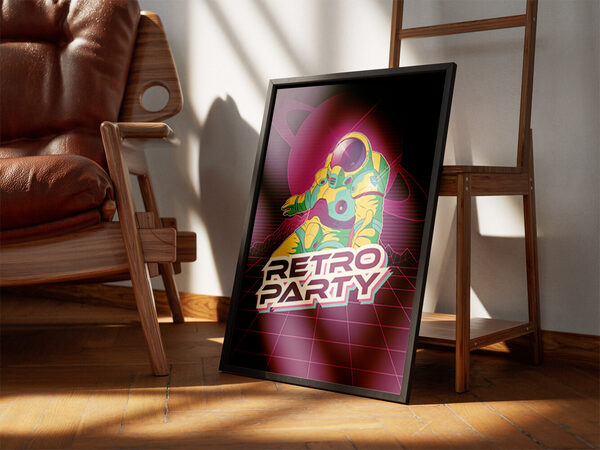 Retro-futuristic digital art of an astronaut in a yellow and teal suit with a glowing magenta planet and 'RETRO PARTY' text on a grid landscape.