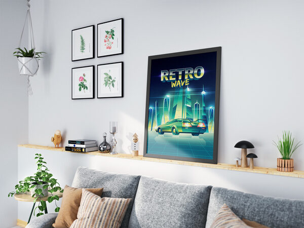 Digital illustration of a green retro-futuristic car in a neon blue cityscape with glowing buildings, and 'RETRO WAVE' text.