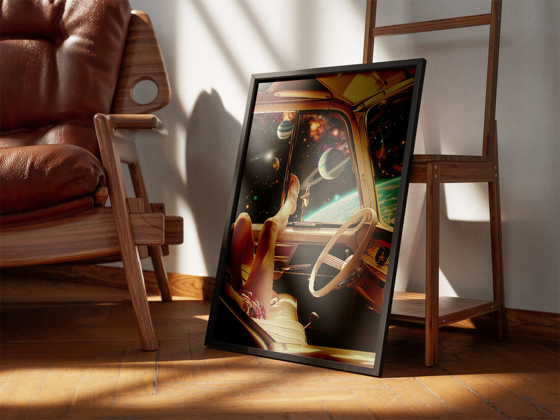 Person relaxing in a vintage car interior, legs propped up, looking out at a vibrant cosmic scene with planets and stars.