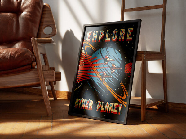 Retro space poster with 'EXPLORE OTHER PLANET' text, spaceships flying past a blue ringed planet and red moon.