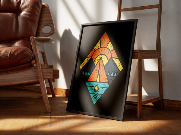 Hand-drawn diamond illustration of a camping scene with orange tent, mountains, yellow sun, blue lake, and campfire.