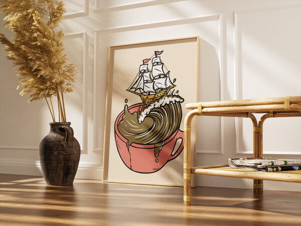 Cartoon illustration of a sailing ship on a brown coffee wave inside a pink cracked coffee cup on a peach background.