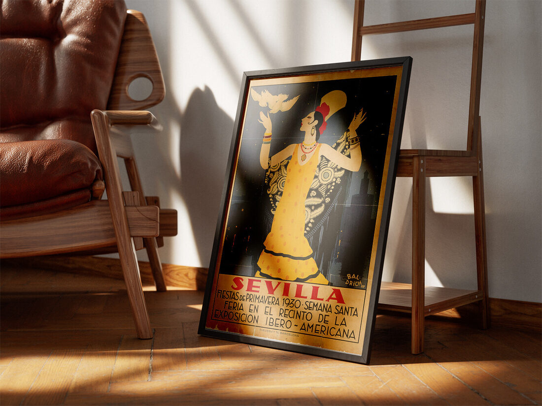 Art Deco poster of elegant flamenco dancer in yellow dress with doves, Seville skyline, and starry night sky.
