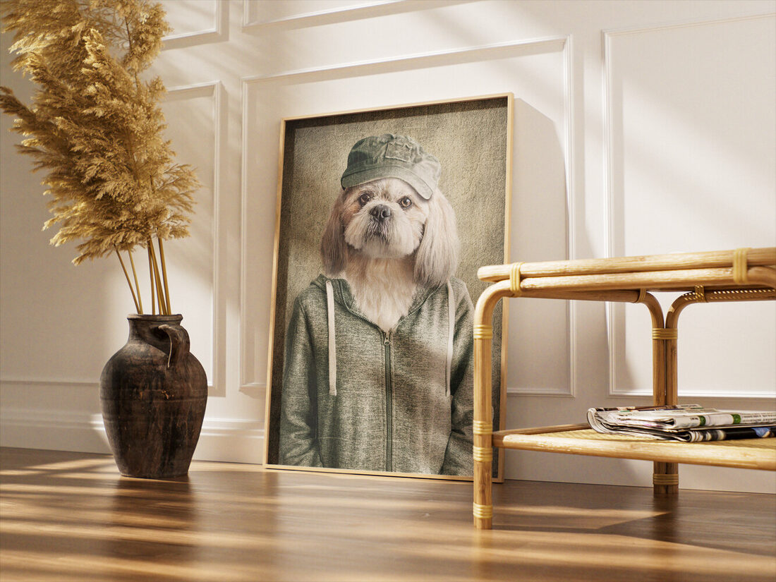 A Shih Tzu dog's head with a serious expression, wearing a green military-style cap and a grey-green zippered hoodie, against a textured background.