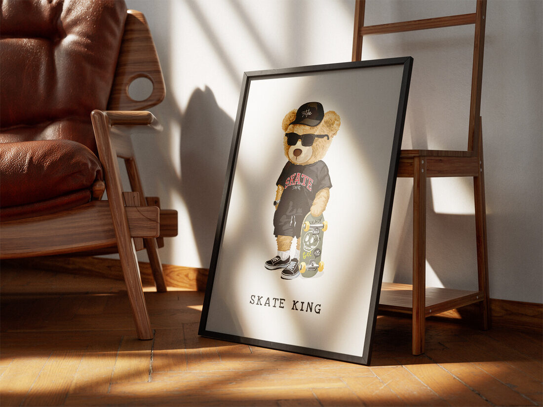 Digital illustration of a cool brown teddy bear wearing a black cap, sunglasses, t-shirt, shorts, and holding a skateboard.