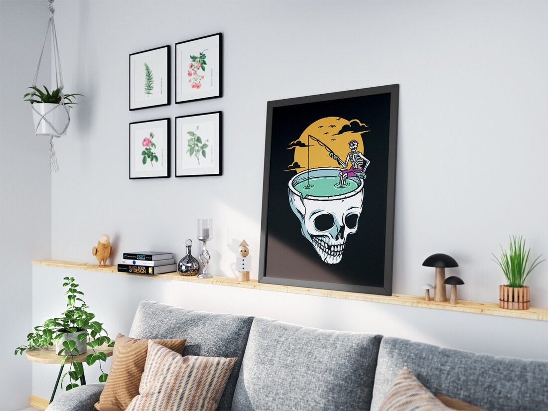 Cartoon skeleton in sunglasses and shorts fishing in a cracked skull filled with water, against a large yellow sun.