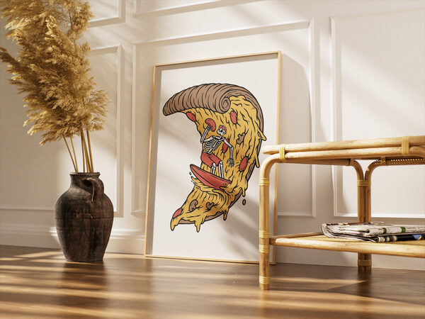 Humorous digital illustration of a skeleton in swim trunks and sunglasses surfing on a giant pizza slice wave with pepperoni and mushrooms.