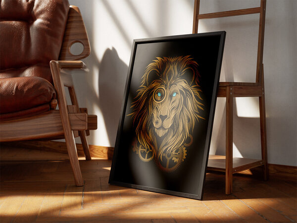 Digital illustration of a steampunk lion's head with a monocle, glowing blue eyes, and gears on a black background.