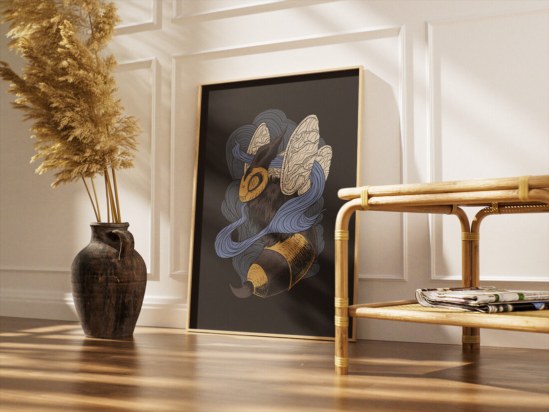 Stylized illustration of a bumblebee with golden stripes and beige wings, surrounded by swirling blue and gray lines.