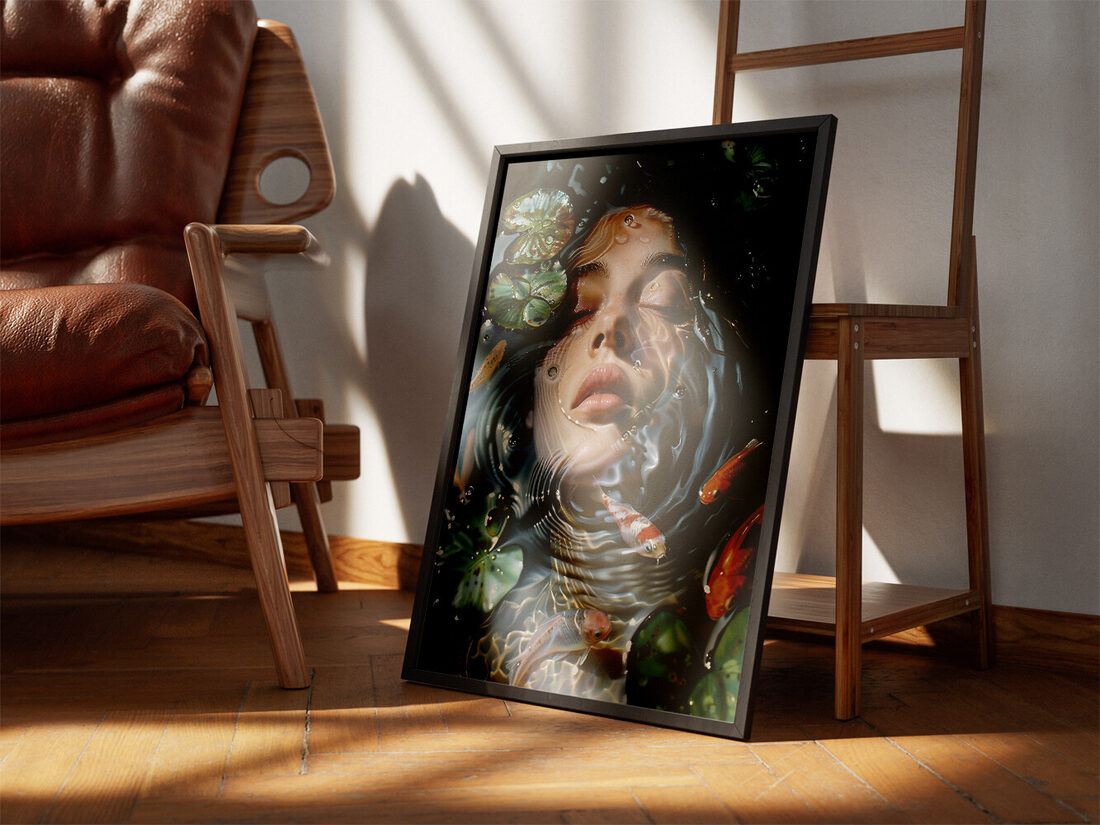 Hyperrealistic painting of a woman's face submerged in clear water, surrounded by vibrant koi fish and green lily pads.
