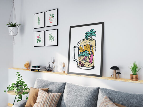 Cartoon illustration of a beach scene inside a beer mug with foam, featuring a palm tree, sun, waves, surfboard, and beach chair.