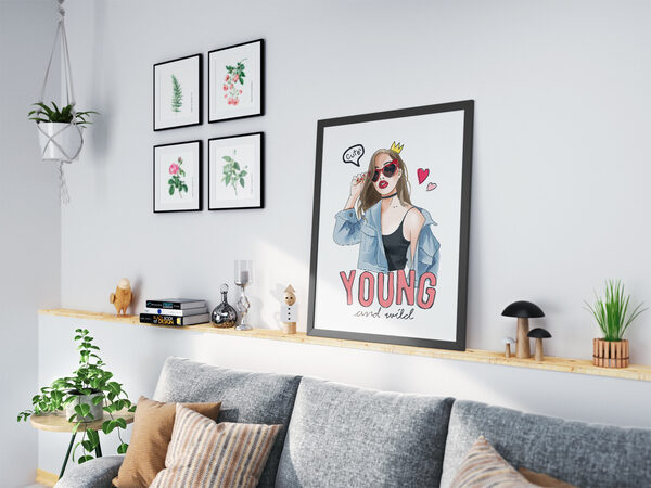 Digital illustration of a trendy girl with heart sunglasses, denim jacket, and a crown, with 'Cute' speech bubble and 'YOUNG and wild' text.