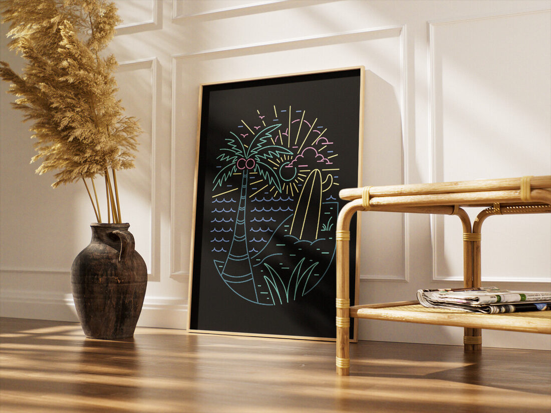 Neon line art illustration of a tropical beach with a palm tree, ocean waves, sun, birds, and a surfboard on the sand.