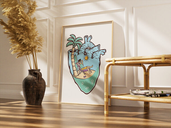 Whimsical illustration of an anatomical heart transformed into a tropical beach scene with a person relaxing under a palm tree.