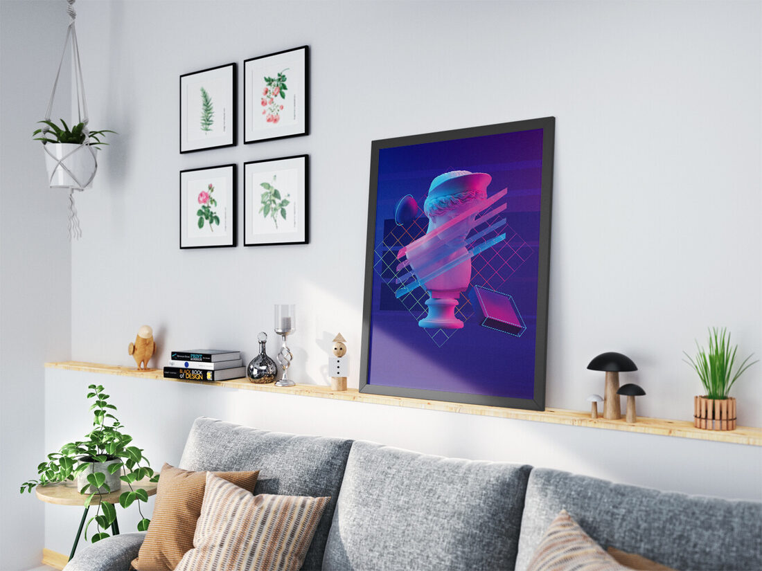 Mor bir arka plan üzerinde neon geometrik şekiller ve ızgaralarla çevrili, siperlikli beyaz bir klasik büstün dijital sanat eseri.