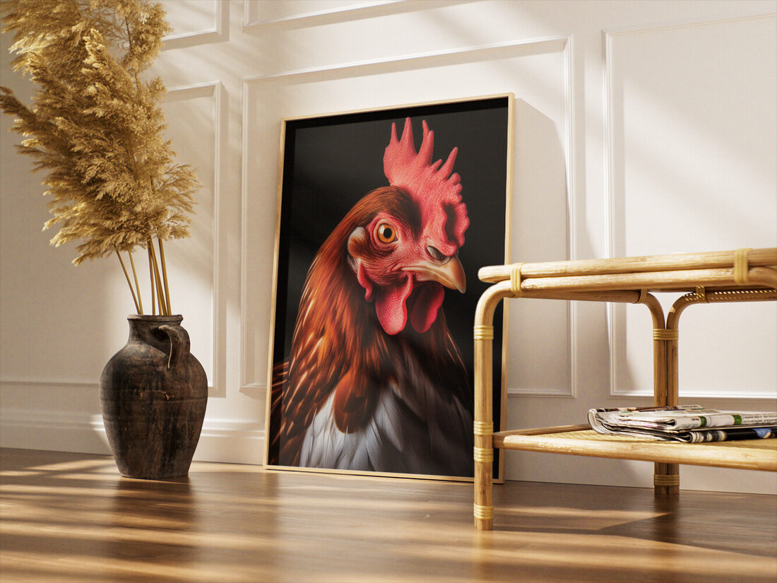Hyperrealistic portrait of a brown and white hen with a red comb and golden eye against a black background.