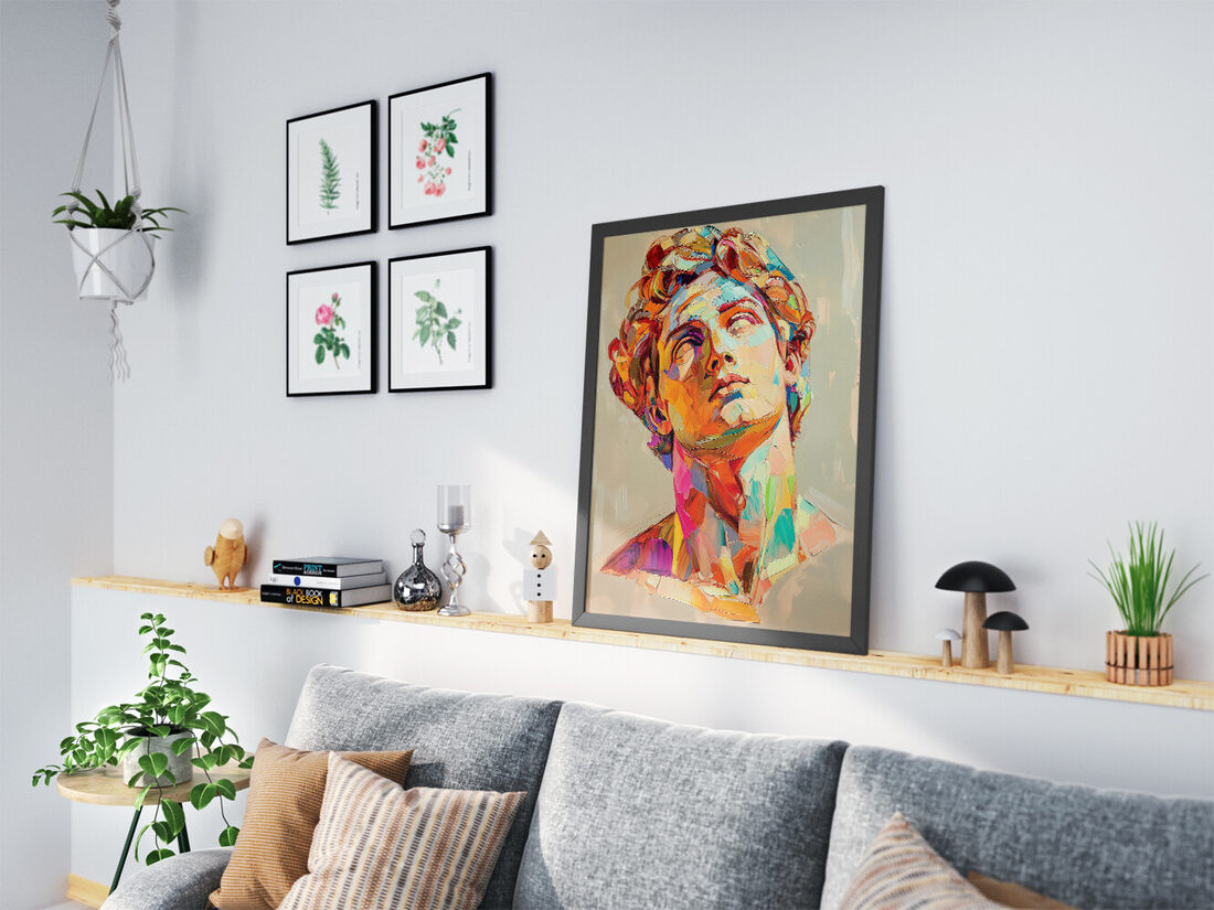 Vibrant impasto painting of a classical male bust looking upwards, rendered with thick, expressive brushstrokes in a kaleidoscope of colors.