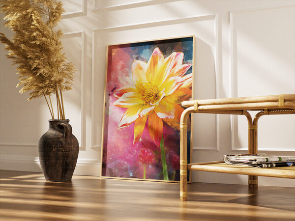 Vibrant yellow and orange dahlia digital painting with a textured pink, purple, and blue abstract background.