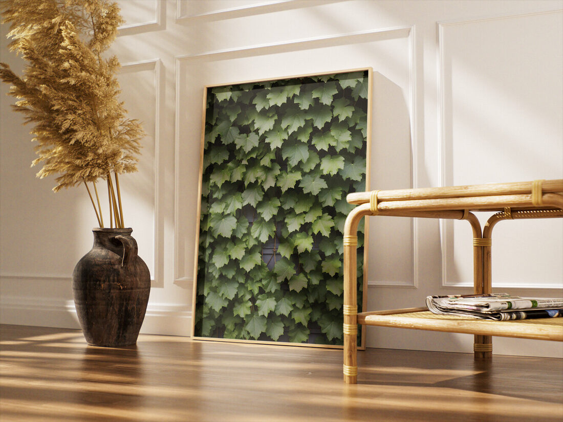 Close-up photograph of vibrant green ivy leaves densely covering a dark wall or trellis, creating a natural pattern.
