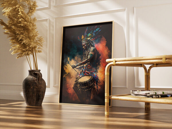 Vibrant digital painting of an Indigenous drummer in a feathered headdress, surrounded by colorful smoke.