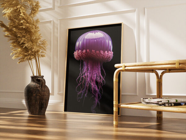 Vibrant purple translucent jellyfish with frilly pink oral arms and long flowing tentacles against a dark background.