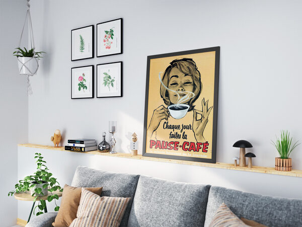Vintage French advertisement showing a woman with eyes closed, blissfully smelling steam from a coffee cup, making an 'okay' gesture.