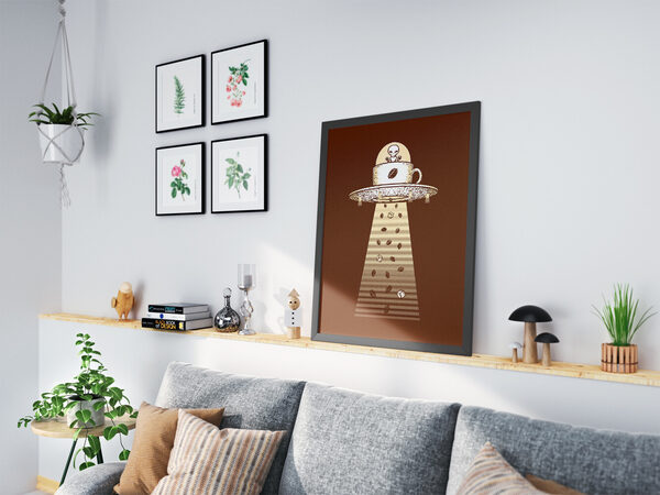 Whimsical illustration of a cartoon alien in a coffee cup UFO, beaming down coffee beans and sugar cubes.
