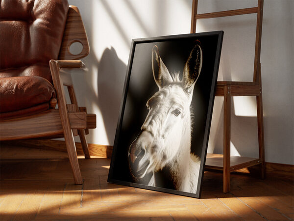 Close-up portrait of a white donkey with detailed fur and expressive dark eyes on a stark black background.