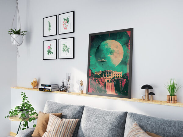 Surreal retro-futuristic artwork: White House on a cliff with a waterfall, a giant moon, and two flying saucers in a teal sky.